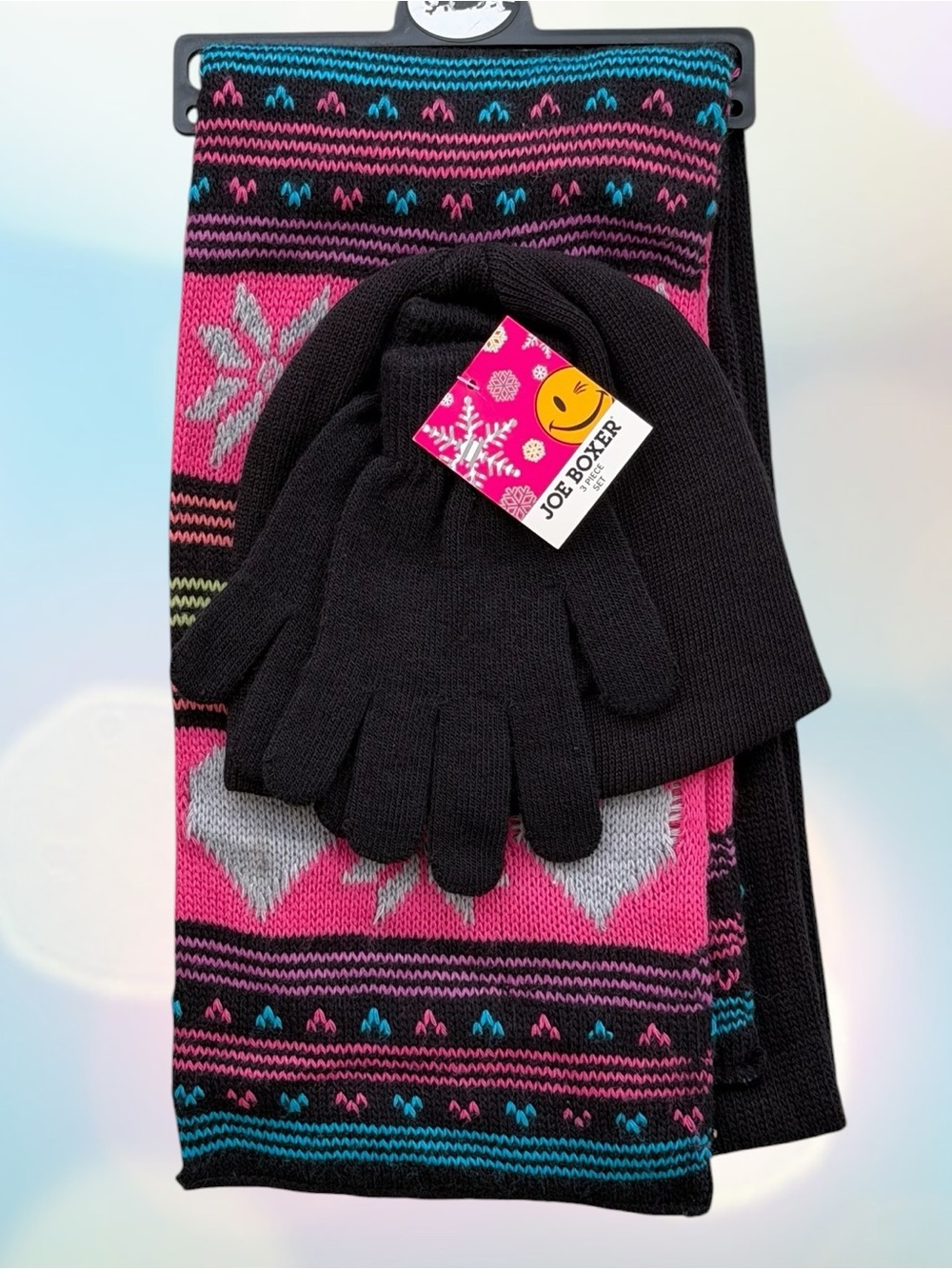 Joe Boxer Hearts and Snowflake Design Hat, Scarf, Gloves Set ~ 3-Piece
